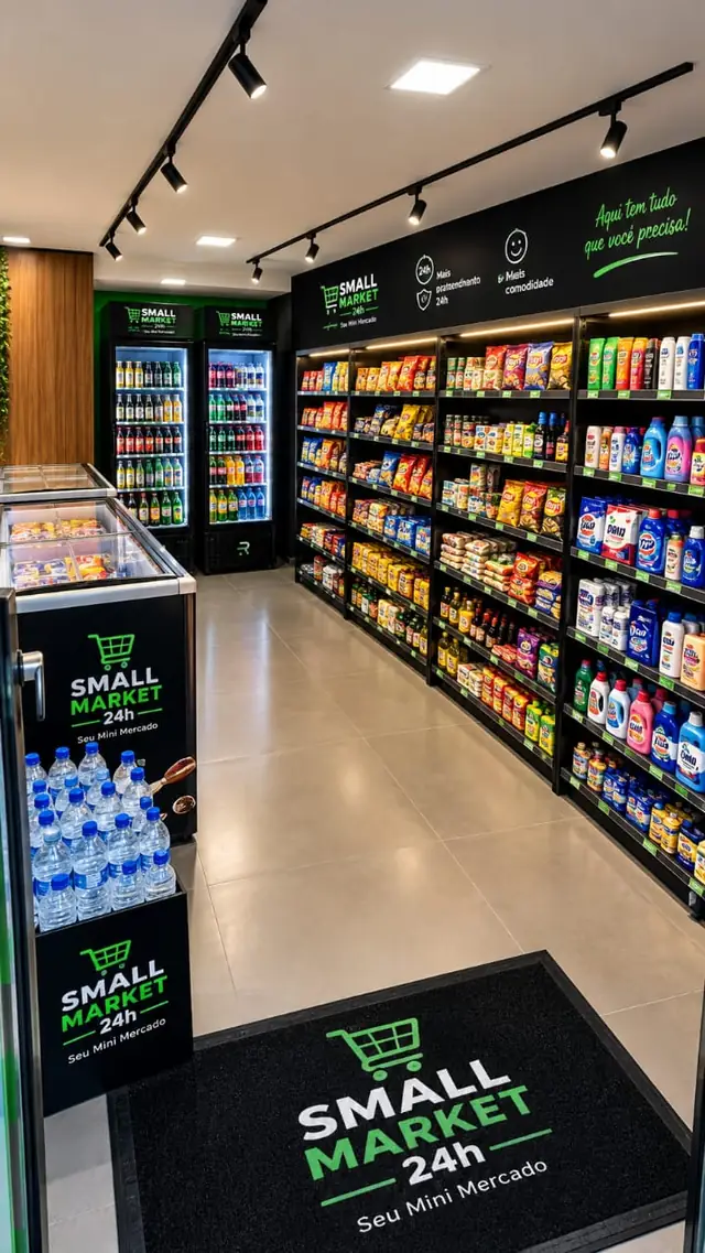 Interior de mercado autônomo Small Market 24h com prateleiras e geladeiras