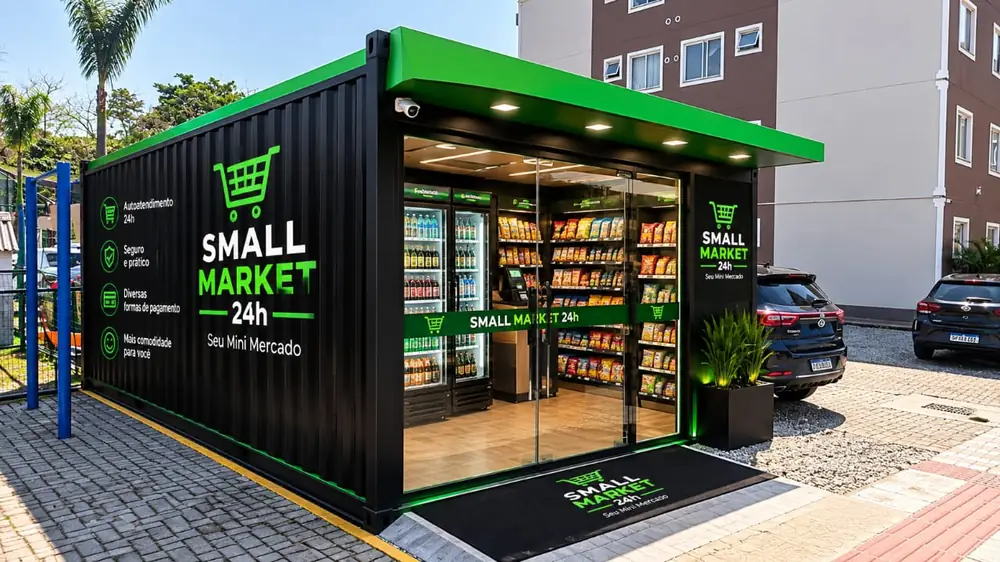 Mercado autônomo Small Market 24h em container instalado em área externa de condomínio